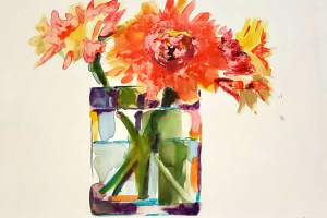 Betty Ball, Summer Oranges 2, monoprint on paper, 12 x 12 -- Four flowers colored in shades of orange in a glass with water